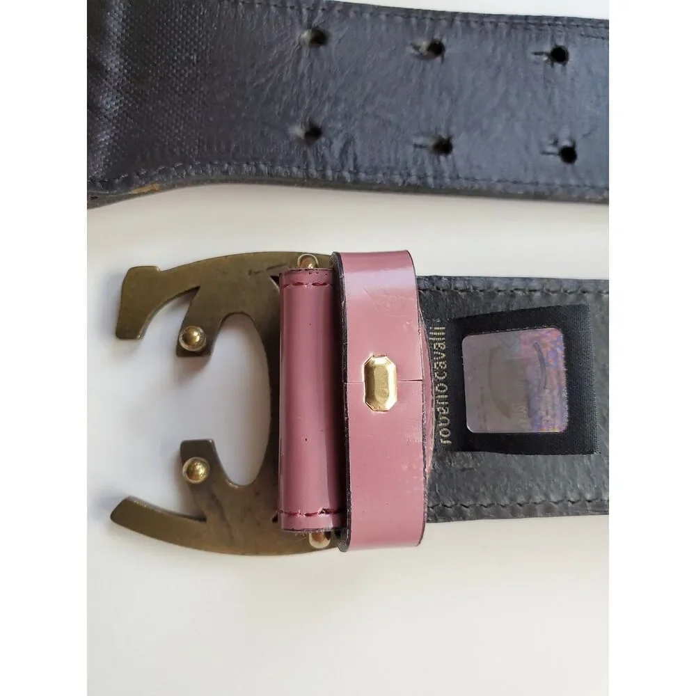 Just Cavalli Womens Adjustable Waist Belt Pink Orange Striped Logo Buckle S